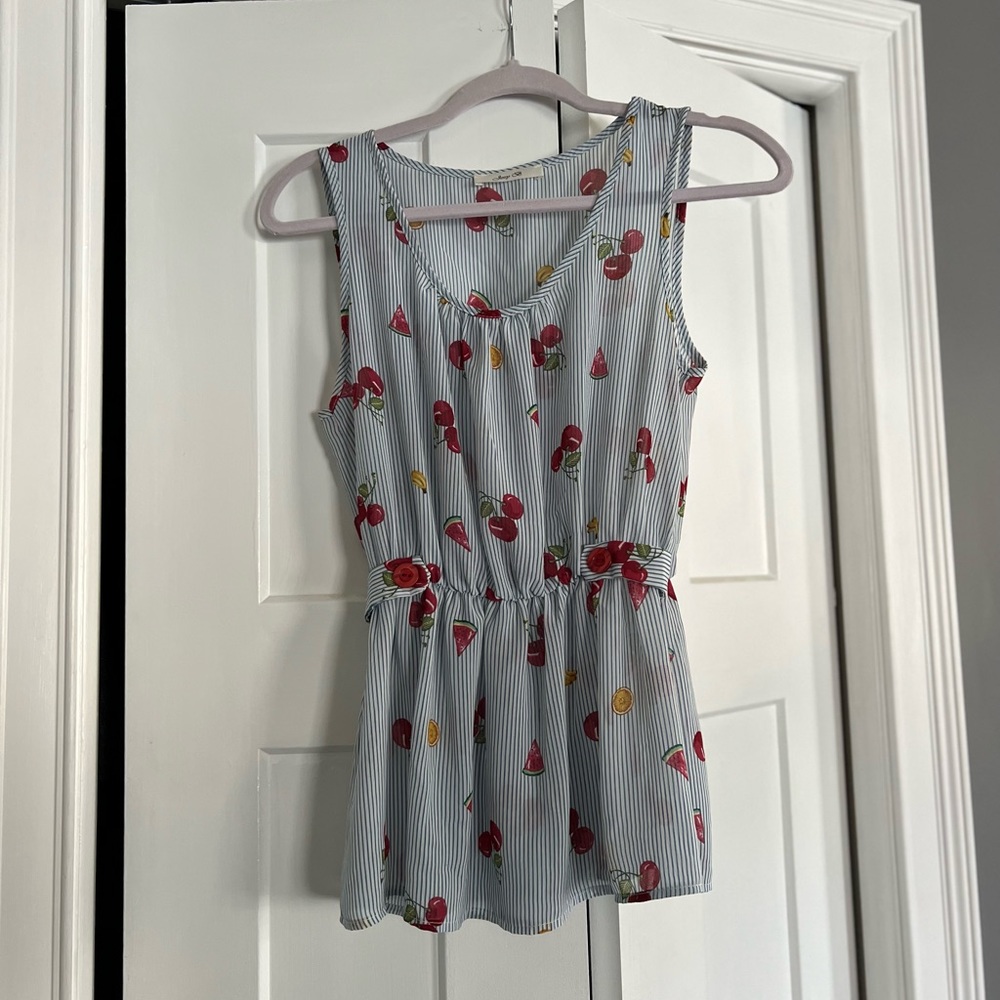 Blue Pinstripes and Fruits Top